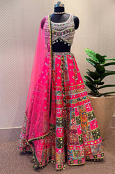 Rani Pink Raw Silk Kalamkari Printed Lehenga with Beads and Applique Work - pink silk saree kalamkari