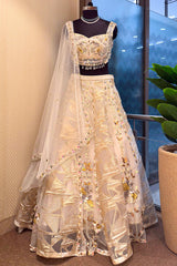 Off White Organza Designer Lehenga with Beads and Applique Work