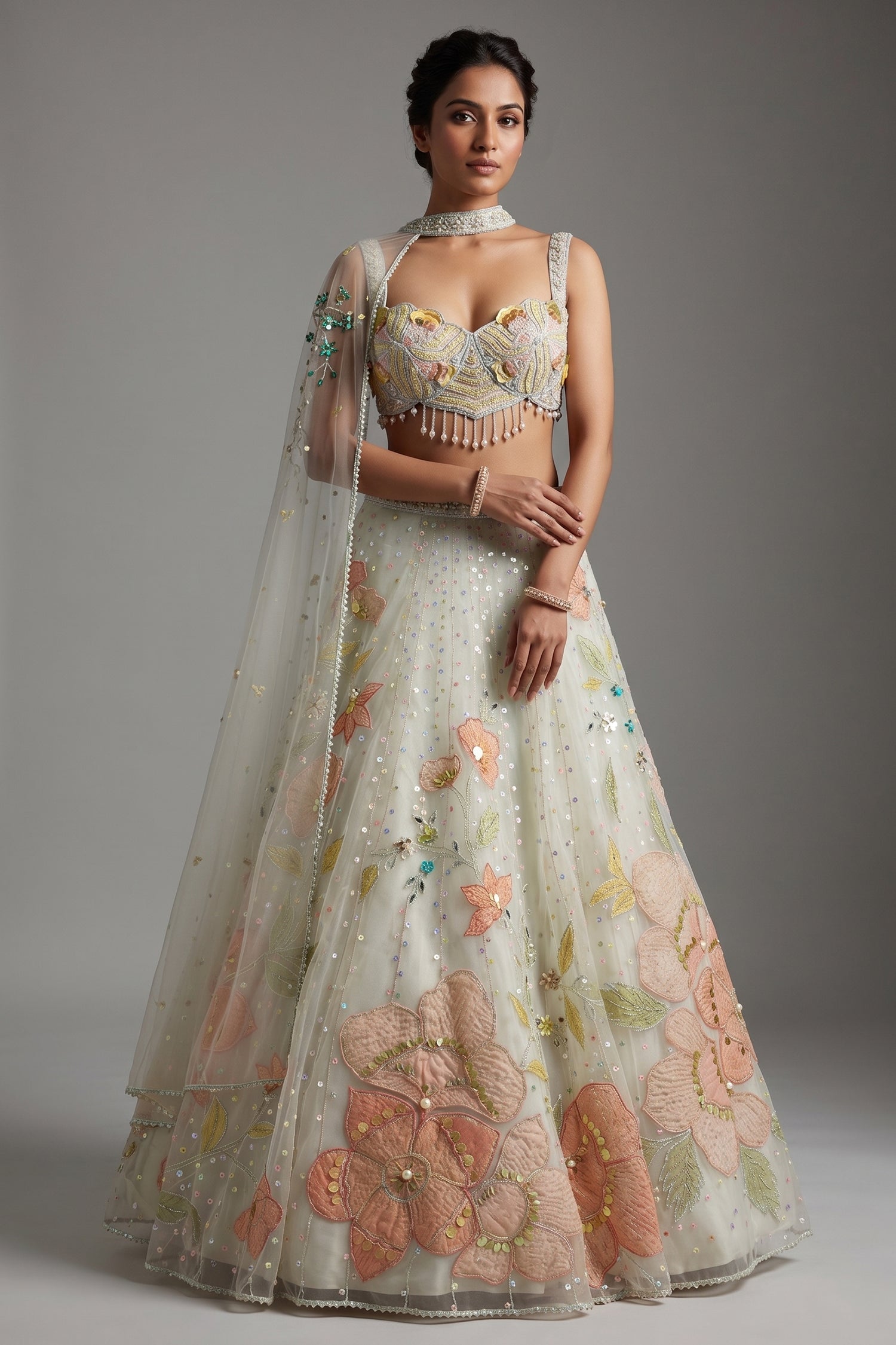 Mint Green Net Designer Floral Patch Worked Lehenga with Cape Dupatta - green net saree