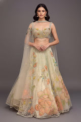 Mint Green Net Designer Floral Patch Worked Lehenga with Cape Dupatta