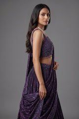 Purple Chinon Silk Sequin and Bead Work Lehenga with Attached Dupatta - purple silk saree