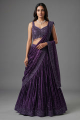 Purple Chinon Silk Sequin and Bead Work Lehenga with Attached Dupatta - purple silk saree