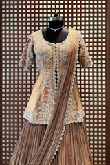 Chocolate Brown Crush Silk Lehenga with Sequin Cutdana Slit Top and Attached Dupatta