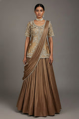 Chocolate Brown Crush Silk Lehenga with Sequin Cutdana Slit Top and Attached Dupatta