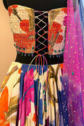 Off White Crepe Silk Floral Printed Flared Lehenga with Beaded Off Shoulder Corset - red silk saree