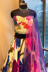 Off White Crepe Silk Floral Printed Flared Lehenga with Beaded Off Shoulder Corset - red silk saree