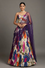 Off White Crepe Silk Floral Printed Flared Lehenga with Beaded Off Shoulder Corset