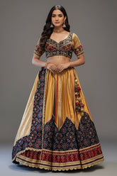 Golden Tissue Silk Pleated Patola Lehenga