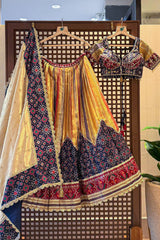 Golden Tissue Silk Pleated Patola Lehenga