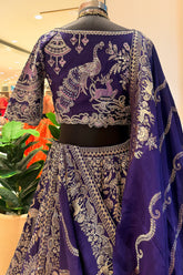 Blue Banarasi Silk All Over Woven Lehenga with Peacock and Animal Motif - blue silk saree