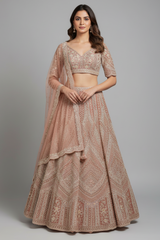 Dusty Rose Pink Net Designer Handoworked Lehenga