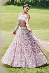 Dusty Pink Net Designer Sequin Beaded Lehenga with One Shoulder Blouse and Cape Dupatta