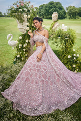 Dusty Pink Net Designer Sequin Beaded Lehenga with One Shoulder Blouse and Cape Dupatta