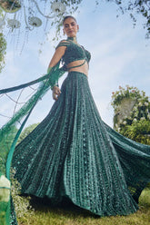 Dark Green Net Designer Sequin Cutdana Worked Lehenga with Embellished Blouse