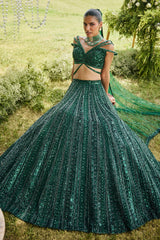 Dark Green Net Designer Sequin Cutdana Worked Lehenga with Embellished Blouse