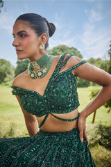 Dark Green Net Designer Sequin Cutdana Worked Lehenga with Embellished Blouse