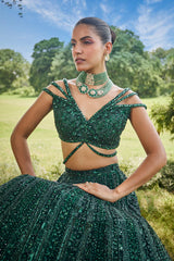 Dark Green Net Designer Sequin Cutdana Worked Lehenga with Embellished Blouse