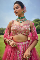 Pink Shaded Raw Silk Heavy Handworked Lehenga