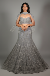 Powder Blue Net Fish Cut Designer Cutdana Sequin Worked Lehenga with Embellished Cape Blouse
