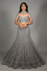 Powder Blue Net Fish Cut Designer Cutdana Sequin Worked Lehenga with Embellished Cape Blouse