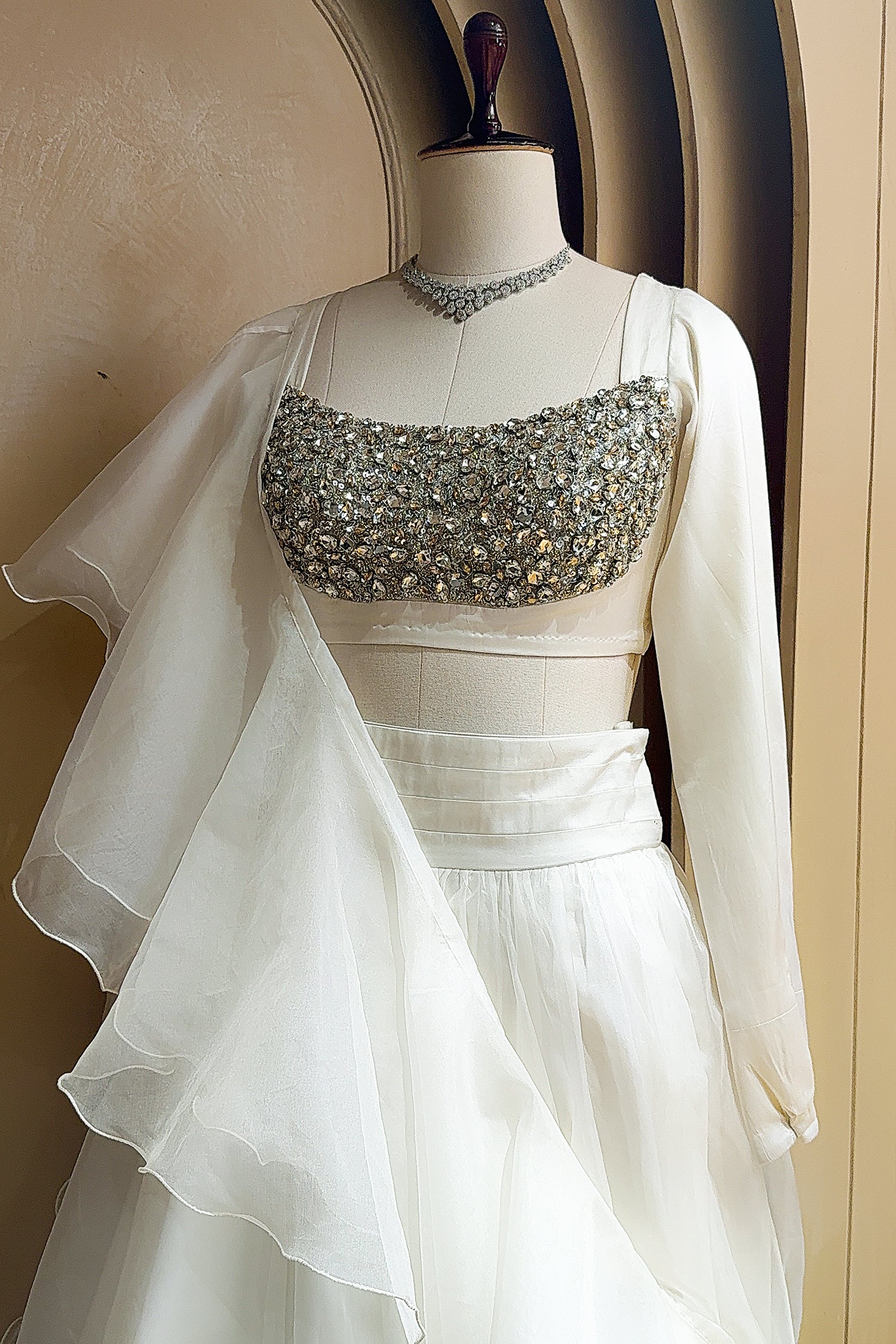 Pearl White Organza Lehenga with Stone Work and Attached Dupatta - white organza saree