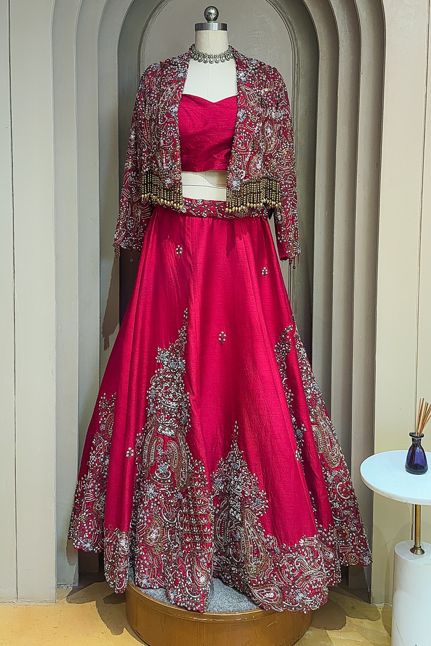 Deep Maroon Designer Handworked Raw Silk Crop Top Lehenga with Jacket - maroon silk saree
