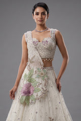 Pearl White Net Floral Patch Lehenga with Sequin Beaded Work - white net saree