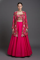 Pink Raw Silk Floral Embroidered and Beads Work Crop Top Lehenga with Jacket