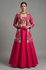 Pink Raw Silk Floral Embroidered and Beads Work Crop Top Lehenga with Jacket - red silk saree embroidered
