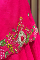 Pink Raw Silk Floral Embroidered and Beads Work Crop Top Lehenga with Jacket
