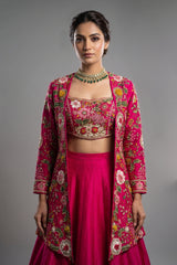 Pink Raw Silk Floral Embroidered and Beads Work Crop Top Lehenga with Jacket - red silk saree embroidered