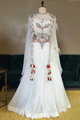 Pearl White Sequin Worked Georgette Crop Top Lehenga with Jacket