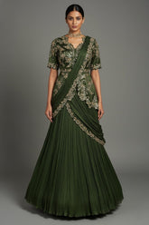 Green Chinon Chiffon Lehenga with Attached Dupatta and Long Top