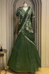 Green Chinon Chiffon Lehenga with Attached Dupatta and Long Top