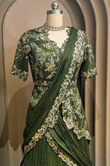 Green Chinon Chiffon Lehenga with Attached Dupatta and Long Top - green chiffon saree