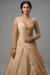 Beige Glass Tissue Handworked Crop Top Lehenga with Attached Dupatta - beige saree