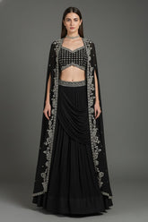 Black Chinon Chiffon Beaded Crop Top Lehenga with Attached Dupatta and Long Jacket
