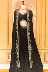 Black Chinon Chiffon Beaded Crop Top Lehenga with Attached Dupatta and Long Jacket