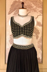 Black Chinon Chiffon Beaded Crop Top Lehenga with Attached Dupatta and Long Jacket - black chiffon saree
