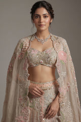Grey Silk Designer Cutdana Beaded and Mirror Work Crop Top Lehenga with Jacket - grey silk saree