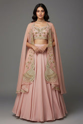Dusty Pink Silk Crop Top Lehenga with Cutdana Beaded Worked Jacket