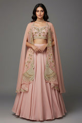 Dusty Pink Silk Crop Top Lehenga with Cutdana Beaded Worked Jacket