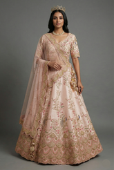 Light Pink Silk Peacock Motifs Zardosi and Sequin Worked Lehenga with Scalloped Border