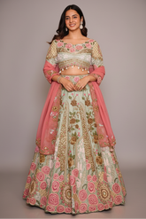 Pista Green Raw Silk Floral Resham Embroidered and Embellished Bead Work Lehenga