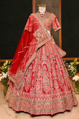 Red Tissue Designer Zardosi and Pearl Worked Lehenga - red saree