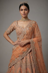 Dusty Peach Tissue Designer Zardosi and Sequin Cutdana Embellished Work Lehenga - peach saree