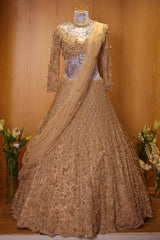 Champagne Beige Designer Sequinned and 3D Flower Worked Lehenga - beige saree