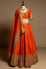 Orange Matka Silk Sequins and Zardosi Worked Border Lehenga - orange silk saree