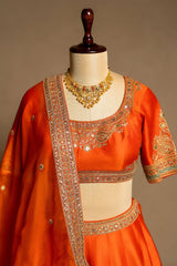 Orange Matka Silk Sequins and Zardosi Worked Border Lehenga - orange silk saree