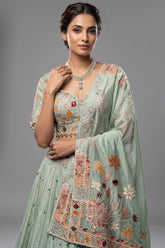 Aqua Green Tissue Designer Bead and Multi Thread Floral Work Lehenga - green saree